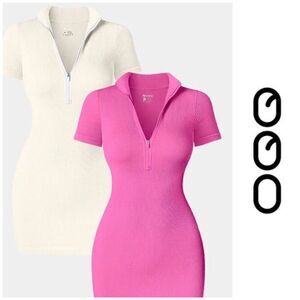 OQQ - 🎉HP🎉 NWT 2-Piece BodyCon Ribbed Zip-Front Short Sleeve Minis/Rose/Cream